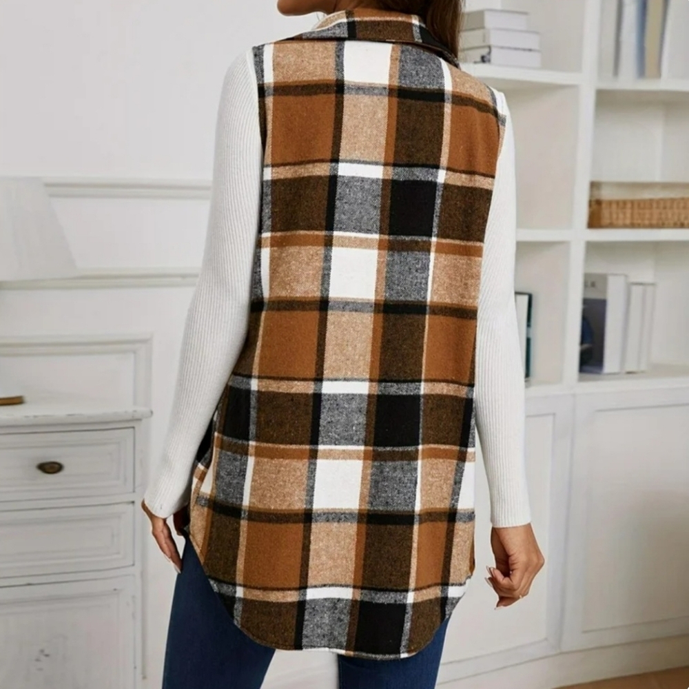 Precious Plaid Sleeveless Shirt/Vest/Shacket In Tan/Black/White - Picture 5 of 12